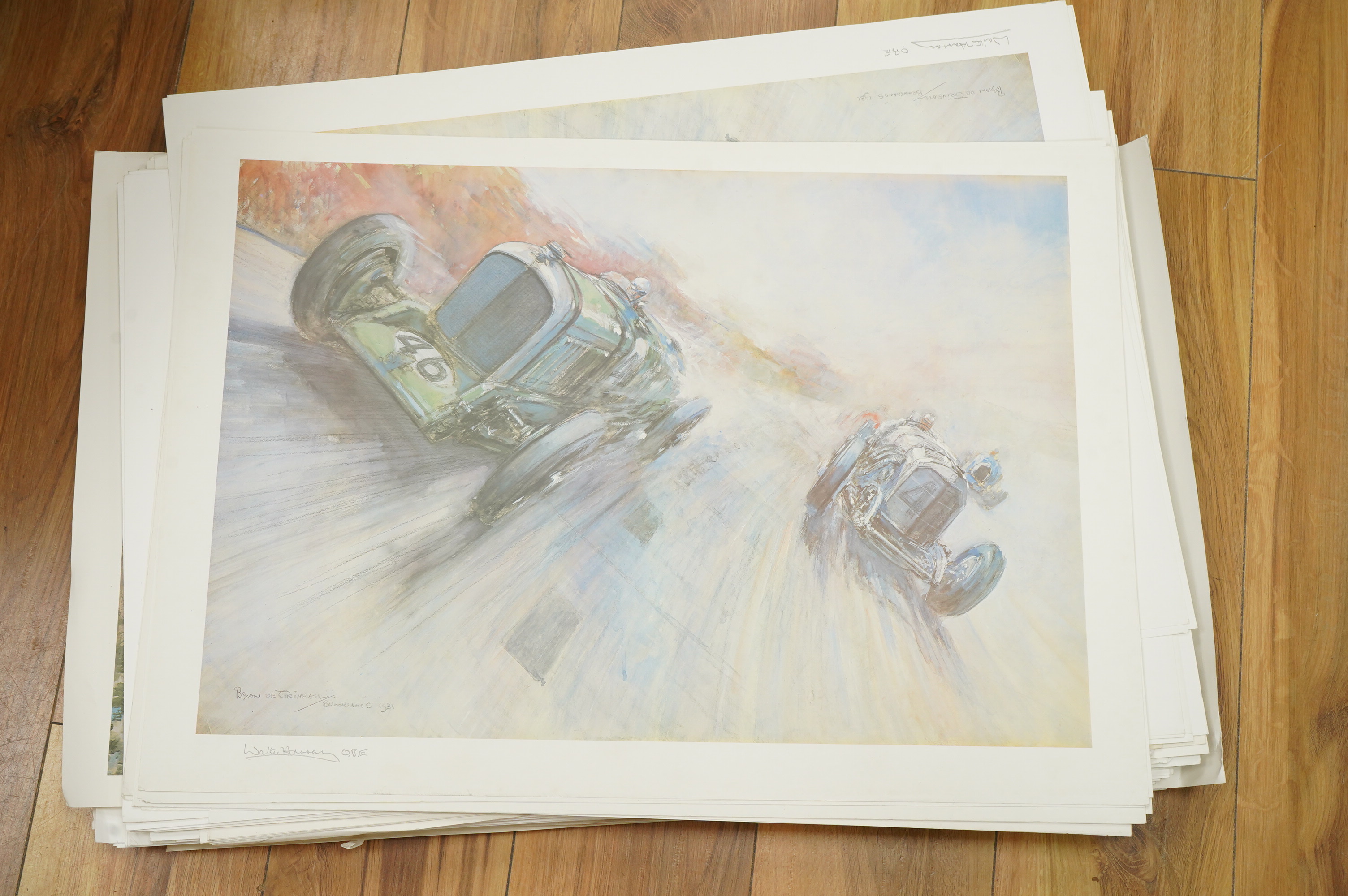 Two framed and signed motor racing lithographs by Anthony Heal and Walter Hassan of Le Mans and Brookslands racing scenes, the largest frame 61.5 x 76cm, together with a folio containing a large number of unframed simila